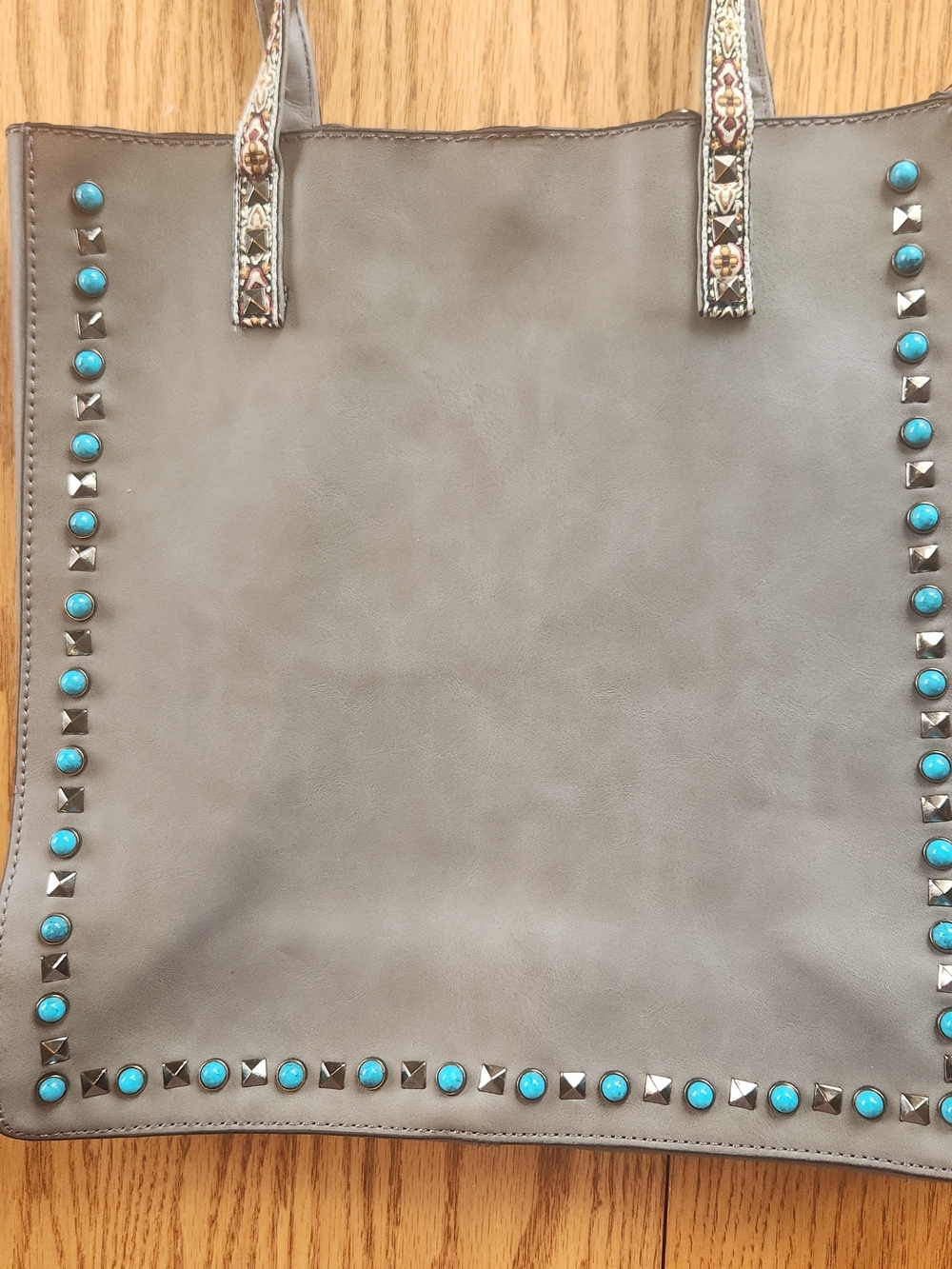 Gray Southwestern Tote Bag w turquois & Silver studs & Embroidered Floral Straps - Picture 2 of 11